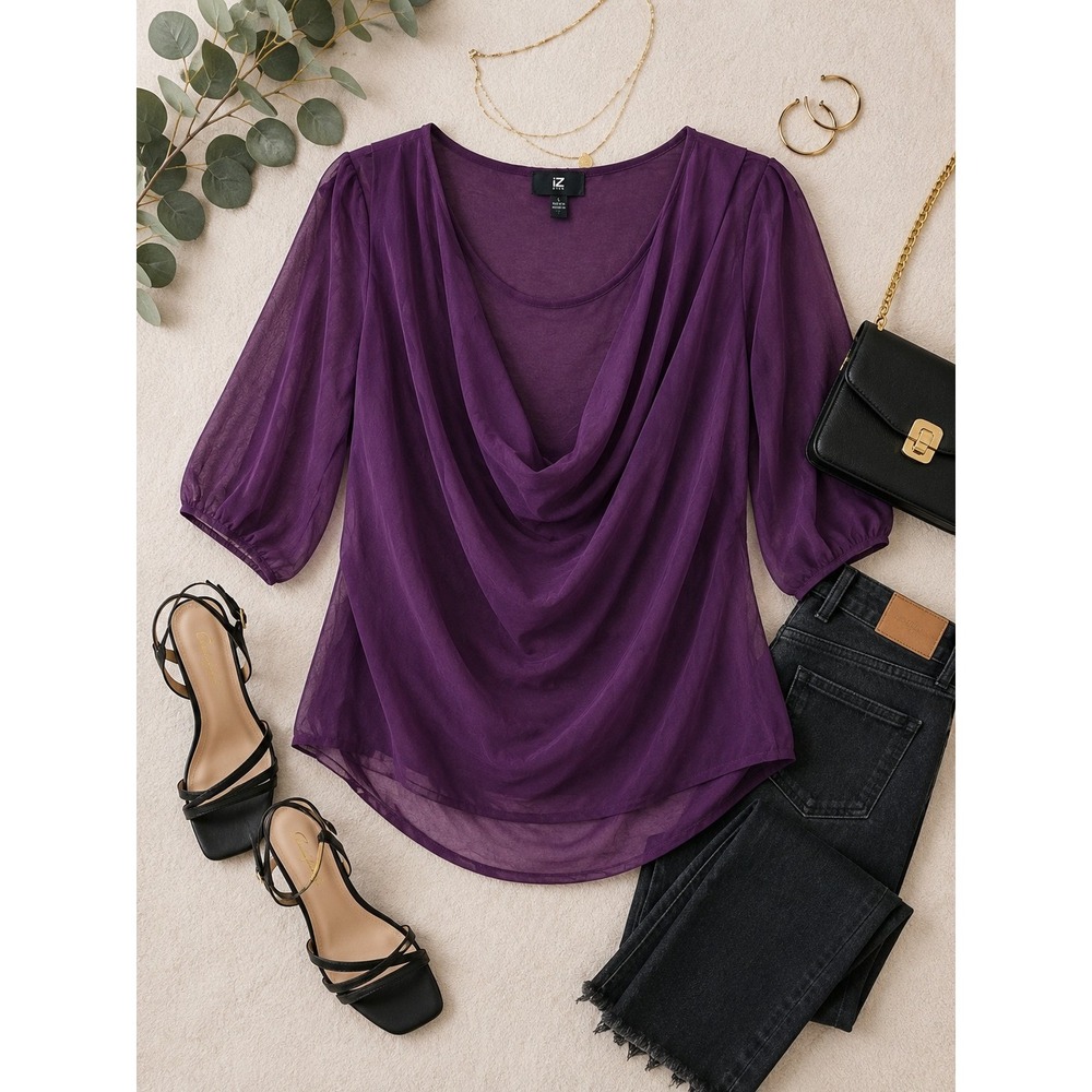 Purple Sheer Cowl Neck Blouse Women Large Layered Chiffon Top Romantic Date Nigh